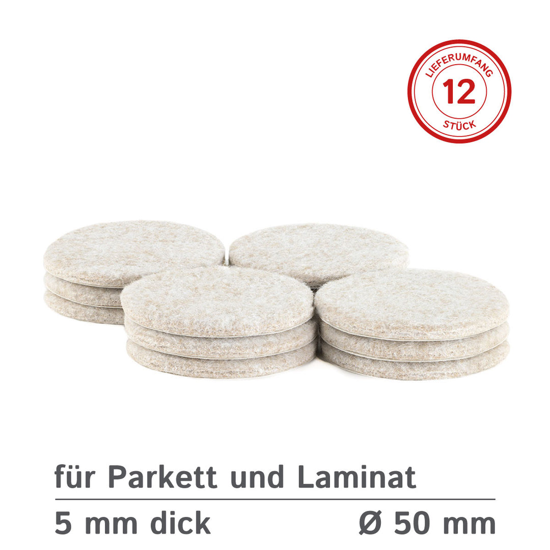 Filzgleiter selbstklebend rund 50mm, 5mm dick - 12 Stück
