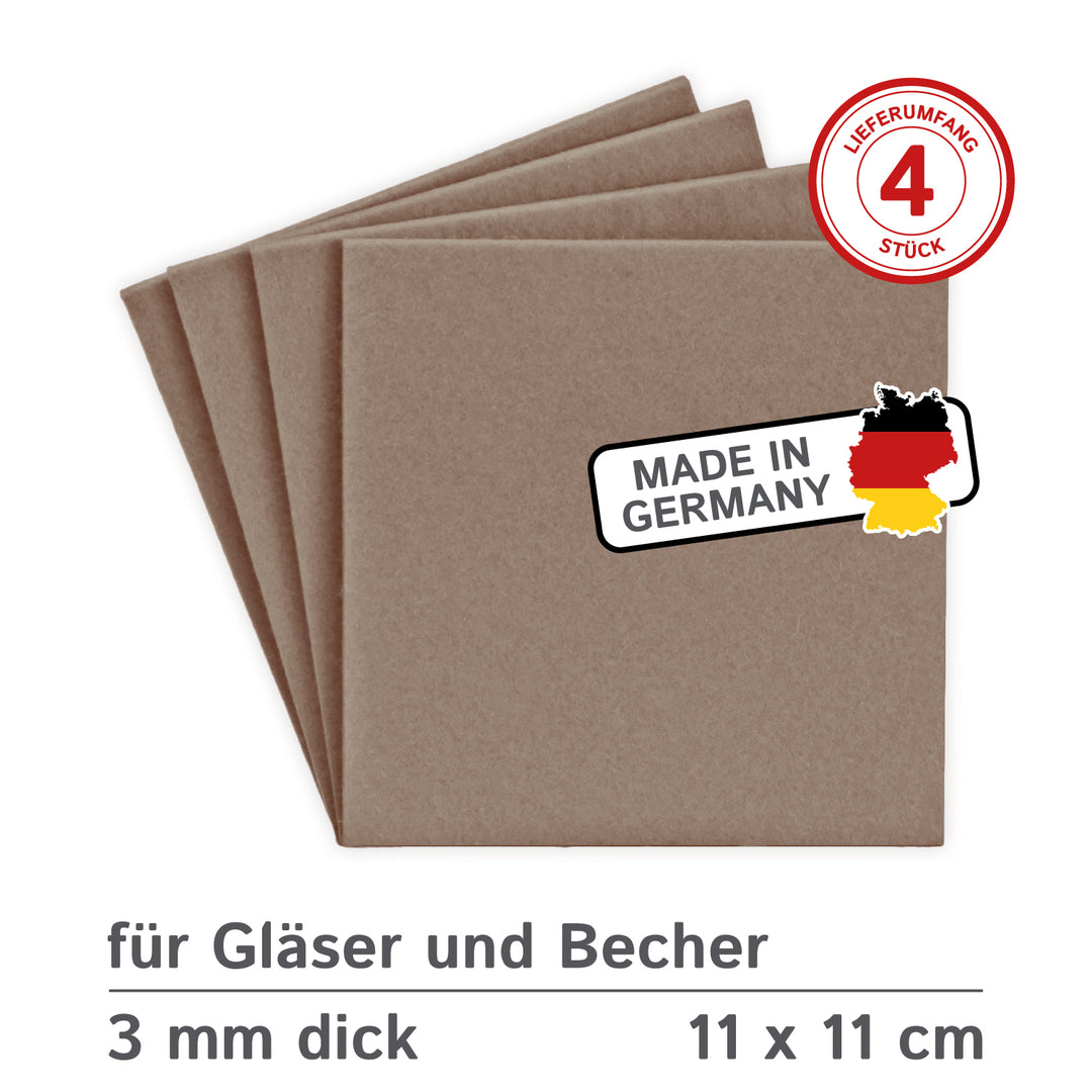 Coasters made of felt design felt (100% wool felt), square, 11 x 11 cm, 3 mm thick, 4 pieces