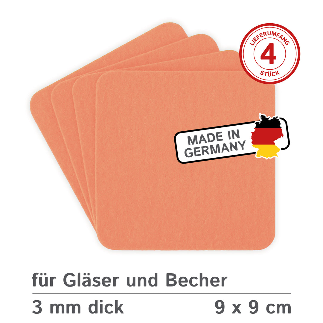 Filz Glasuntersetzer in pastell orange 4 Stück 3mm dick 9x9cm