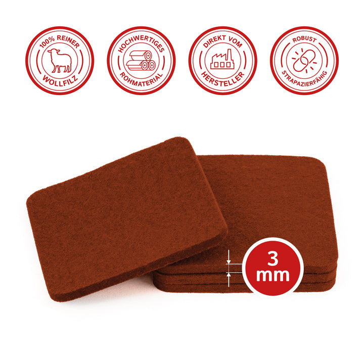 Filz Glasuntersetzer in braunrot 4 Stück 3mm dick 9x9cm