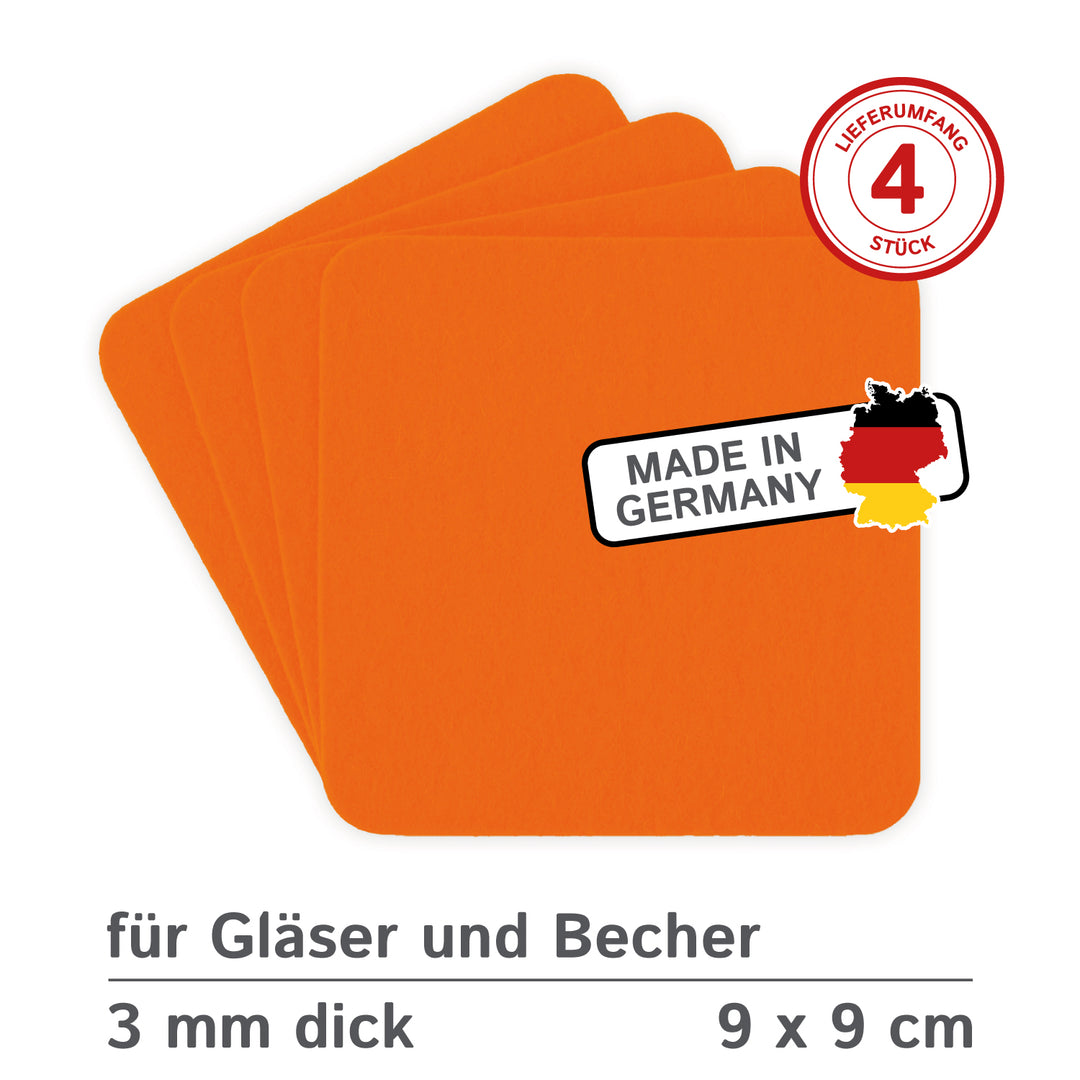 Filz Glasuntersetzer in orange 4 Stück 3mm dick 9x9cm