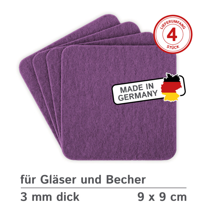 Filz Glasuntersetzer in violett 4 Stück 3mm dick 9x9cm