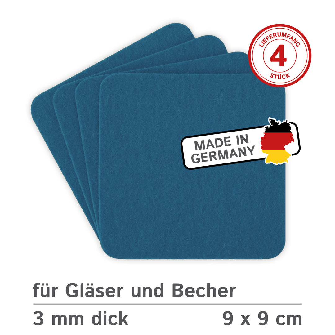 Filz Glasuntersetzer in mittelblau 4 Stück 3mm dick 9x9cm