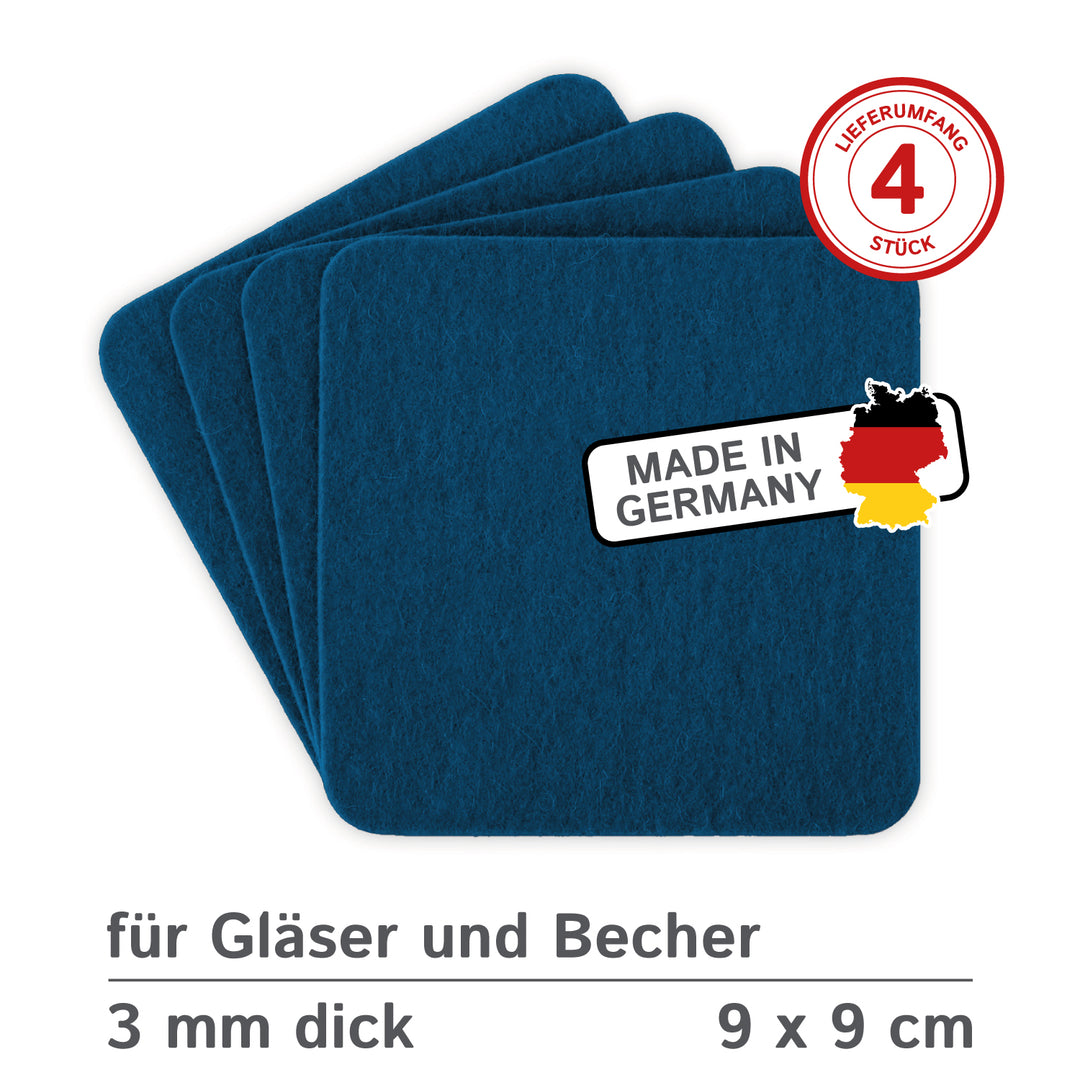 Filz Glasuntersetzer in blau 4 Stück 3mm dick 9x9cm