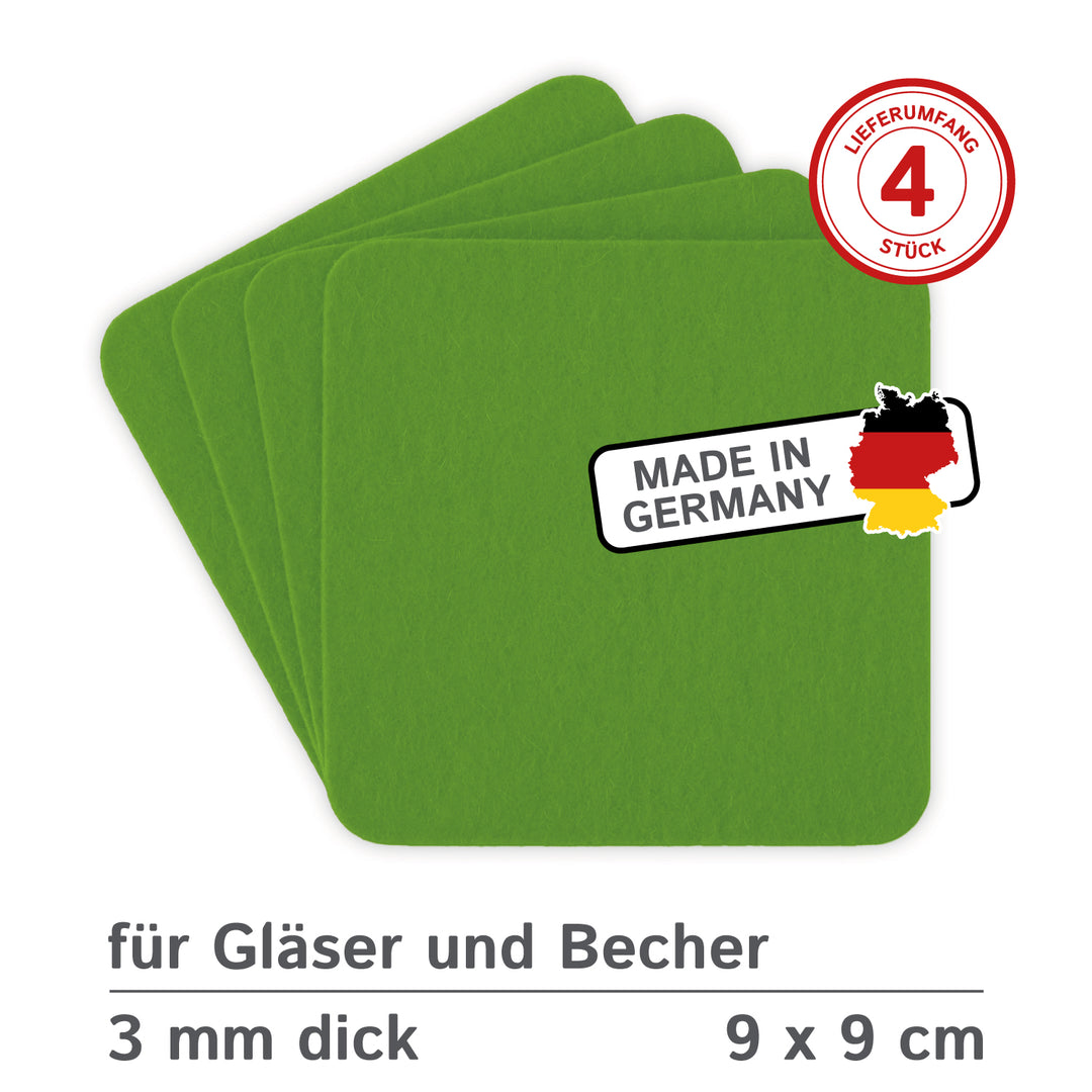Filz Glasuntersetzer in hellgrün 4 Stück 3mm dick 9x9cm
