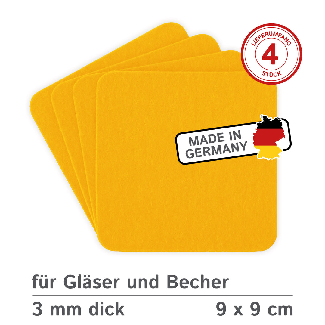 Filz Glasuntersetzer in gelb 4 Stück 3mm dick 9x9cm