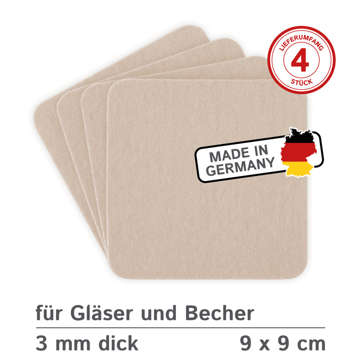 Filz Glasuntersetzer in sand 4 Stück 3mm dick 9x9cm