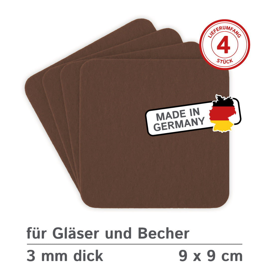 Filz Glasuntersetzer in kaffee 4 Stück 3mm dick 9x9cm