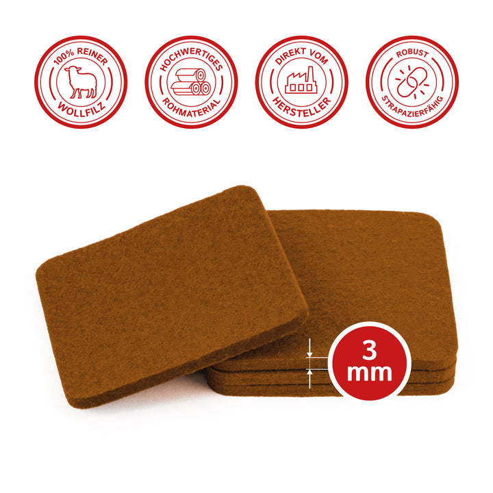 Filz Glasuntersetzer in braun 4 Stück 3mm dick 9x9cm
