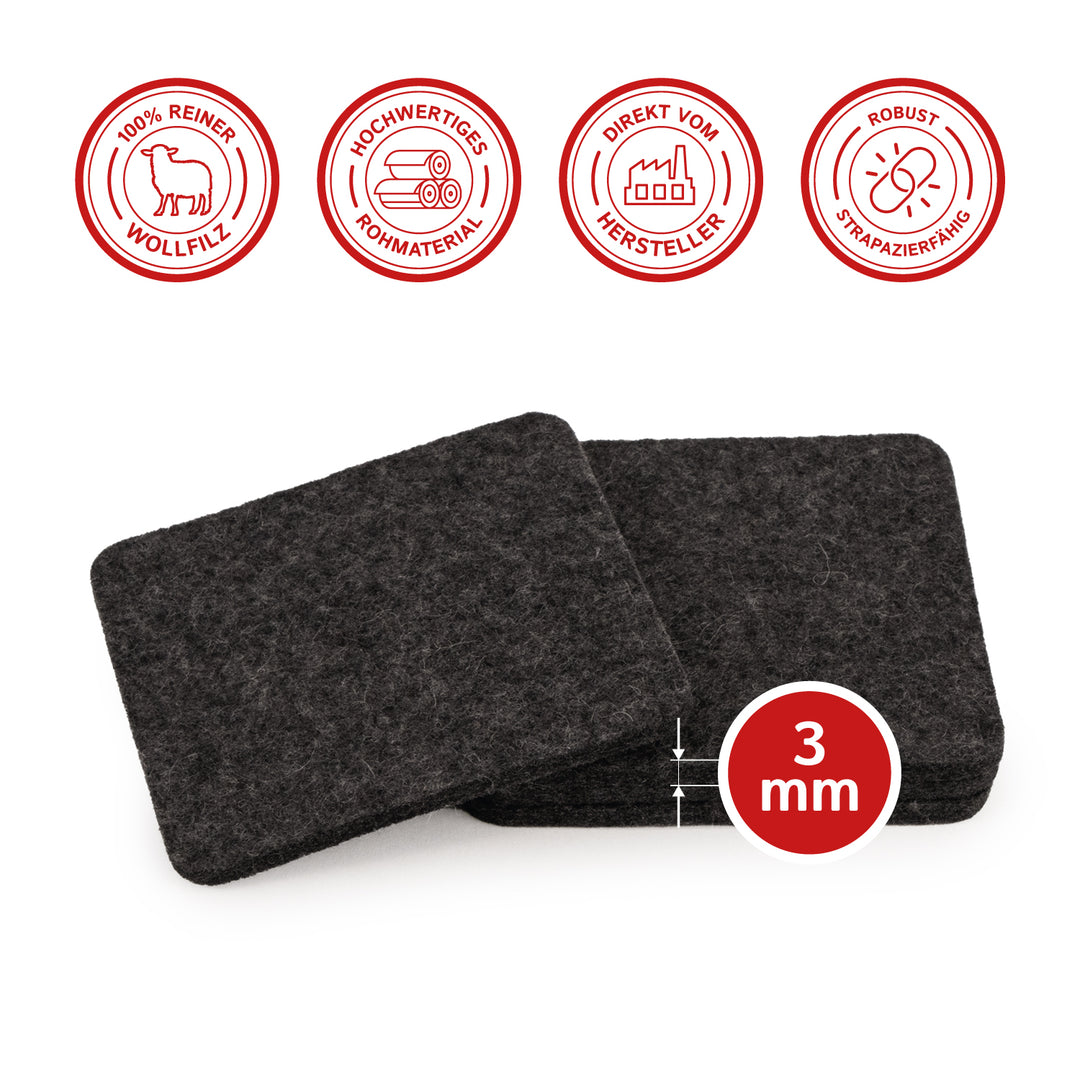 Filz Glasuntersetzer in graphit 4 Stück 3mm dick 9x9cm