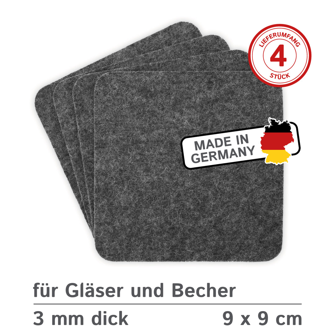 Filz Glasuntersetzer in anthrazit 4 Stück 3mm dick 9x9cm