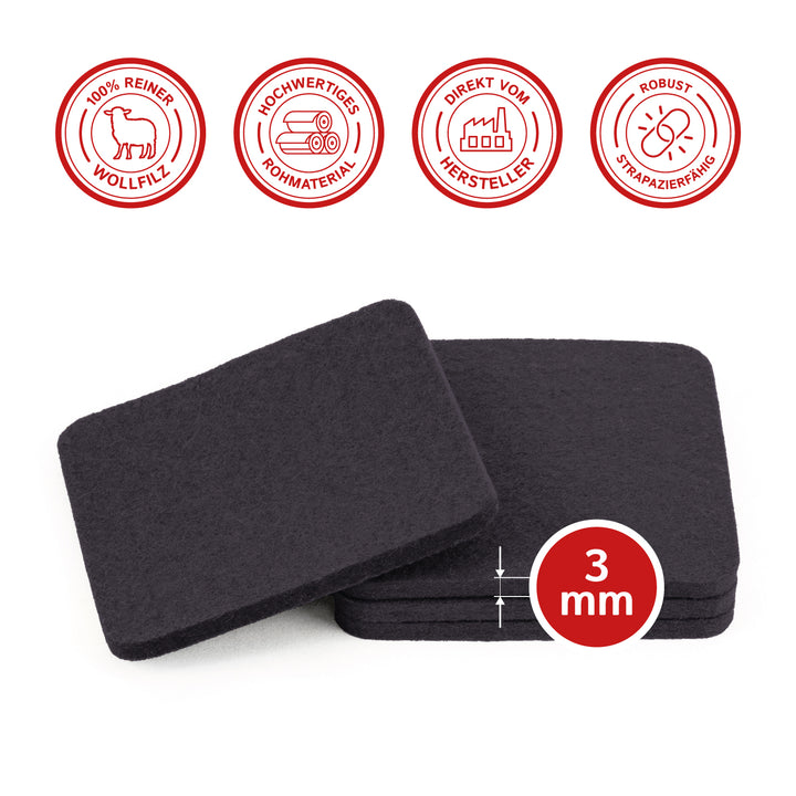 Filz Glasuntersetzer in grau 4 Stück 3mm dick 9x9cm