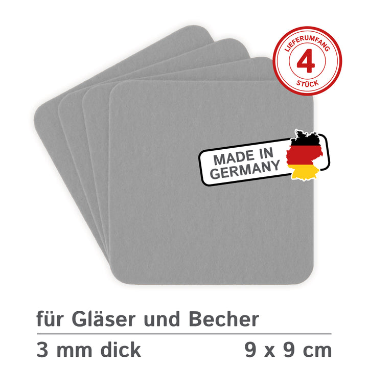 Filz Glasuntersetzer in steingrau 4 Stück 3mm dick 9x9cm