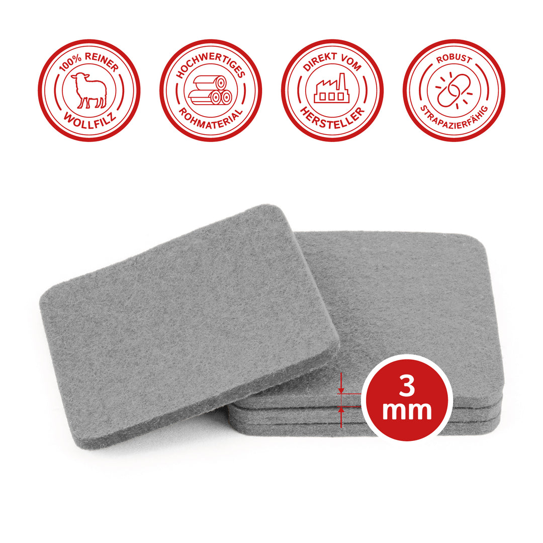 Filz Glasuntersetzer in steingrau 4 Stück 3mm dick 9x9cm
