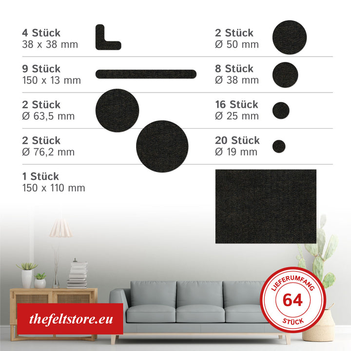 Felt gliders, self-adhesive, set of 64