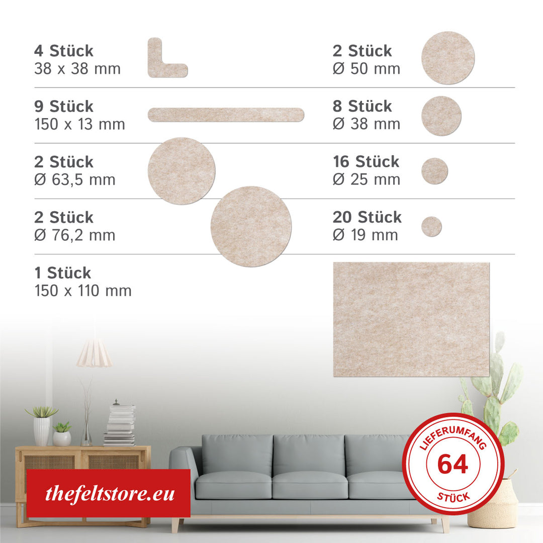 Felt gliders, self-adhesive, set of 64