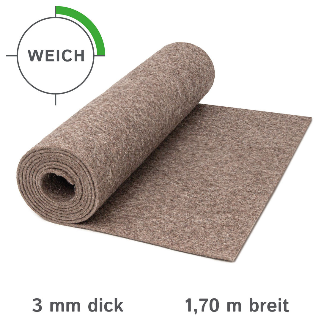 Wollfilz Meterware 3mm dick, 1,70m breit (weich 0,20 kg/cdm), dicker Filz auf Rolle