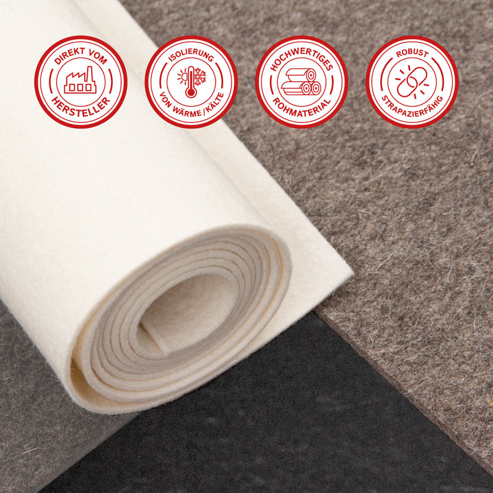Wollfilz Meterware 3mm dick, 1,70m breit (weich 0,20 kg/cdm), dicker Filz auf Rolle