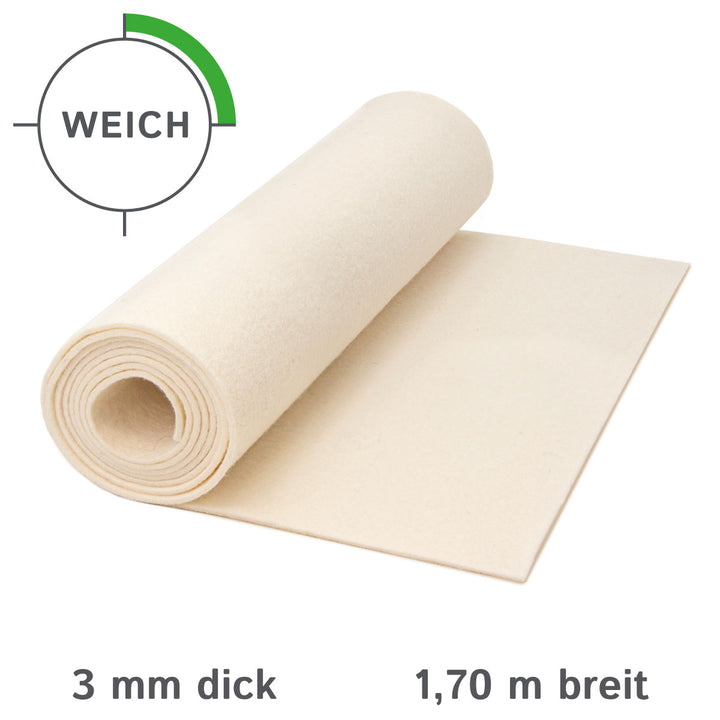 Wollfilz Meterware 3mm dick, 1,70m breit (weich 0,20 kg/cdm), dicker Filz auf Rolle