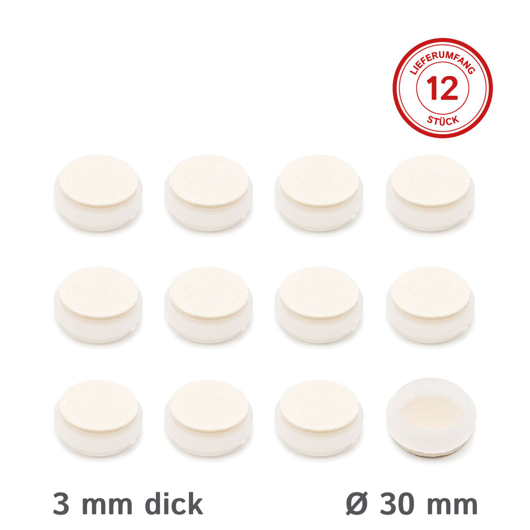 Felt pads, chair pads with indentation round, white, 30mm diameter - 12 pieces
