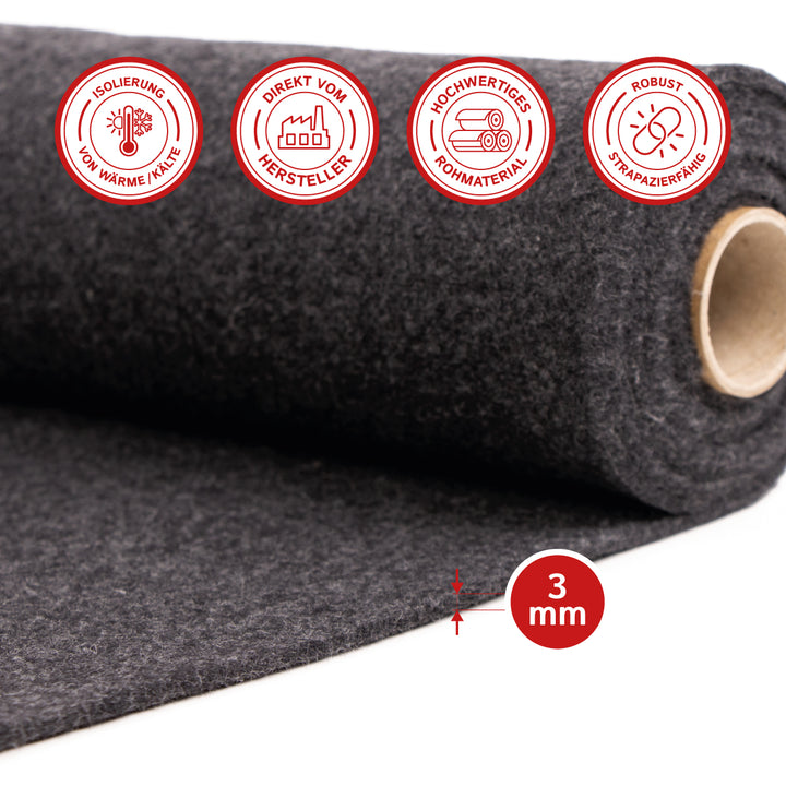 Wollfilz für Camper: 100% Natur-Nadelfilz - 3mm dick dehnbar & atmungsaktiv - Made in Germany