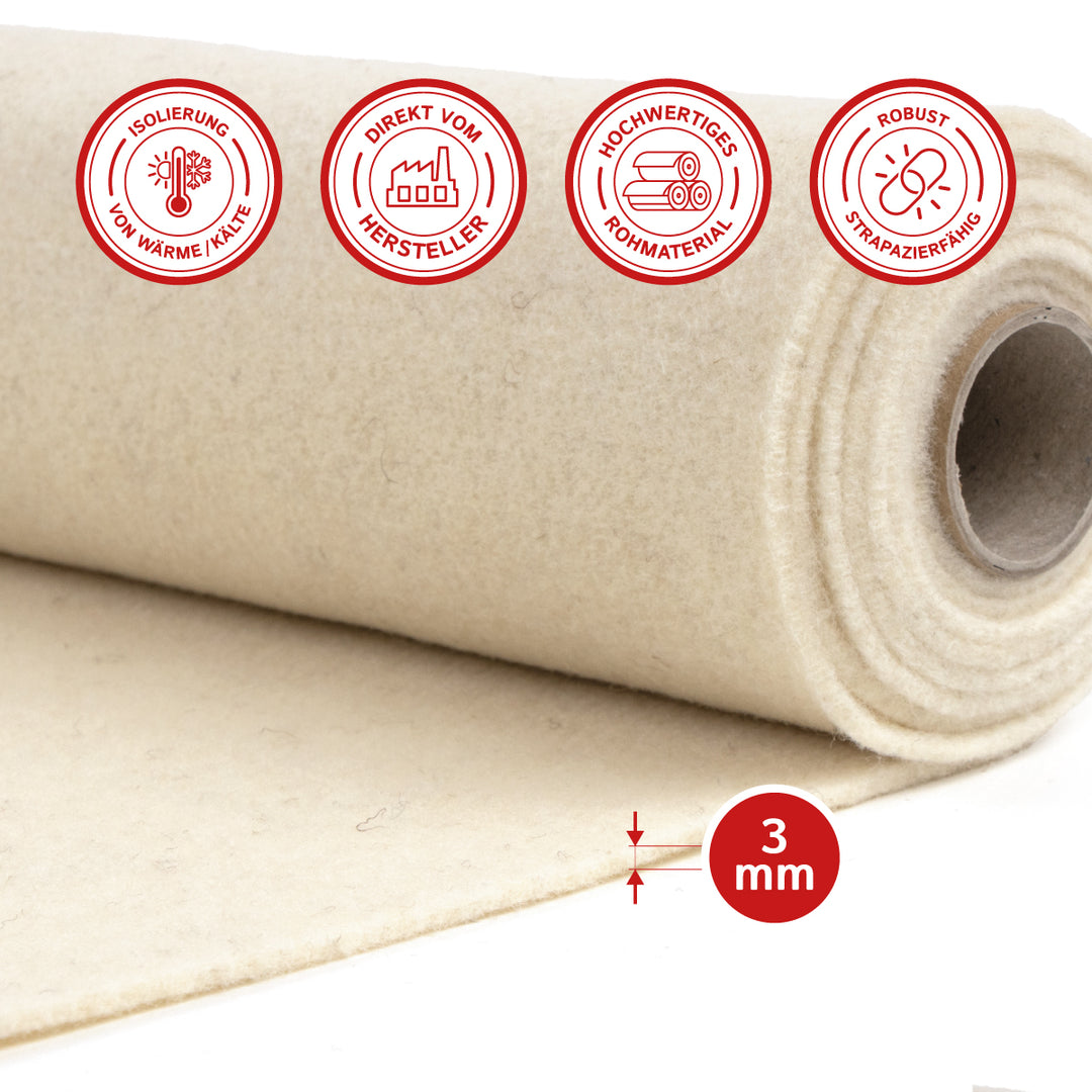 Wollfilz für Camper: 100% Natur-Nadelfilz - 3mm dick dehnbar & atmungsaktiv - Made in Germany