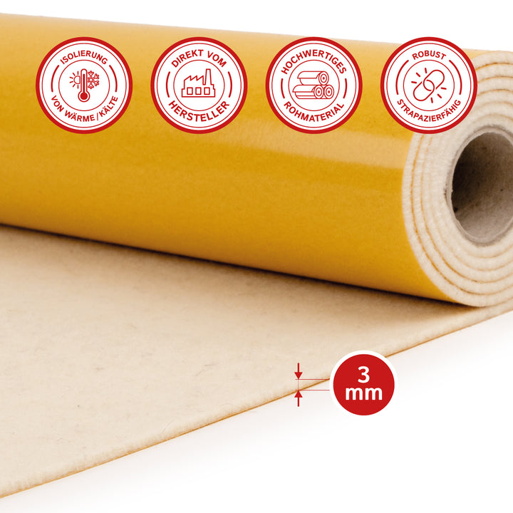 Wollfilz für Camper selbstklebend: 100% Natur-Nadelfilz - 3 mm dick dehnbar & atmungsaktiv - Made in Germany