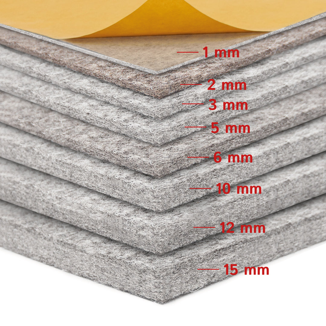 Fustella autoadesiva in feltro di lana morbida di 1 mm di spessore - Pannello in feltro da 350 g/m² (densità 0,20 g/cm³)