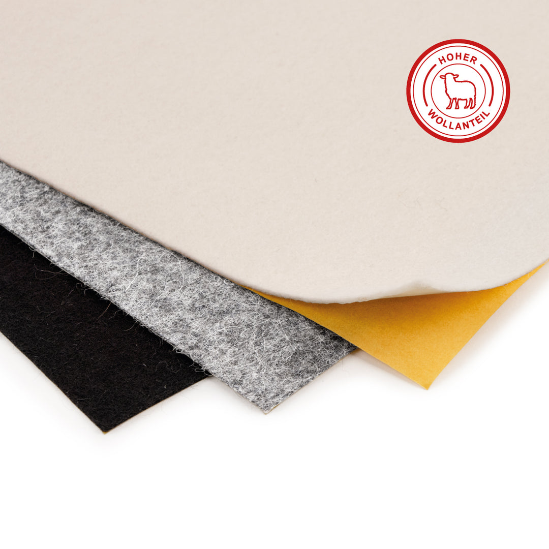 Fustella autoadesiva in feltro di lana morbida di 1 mm di spessore - Pannello in feltro da 350 g/m² (densità 0,20 g/cm³)
