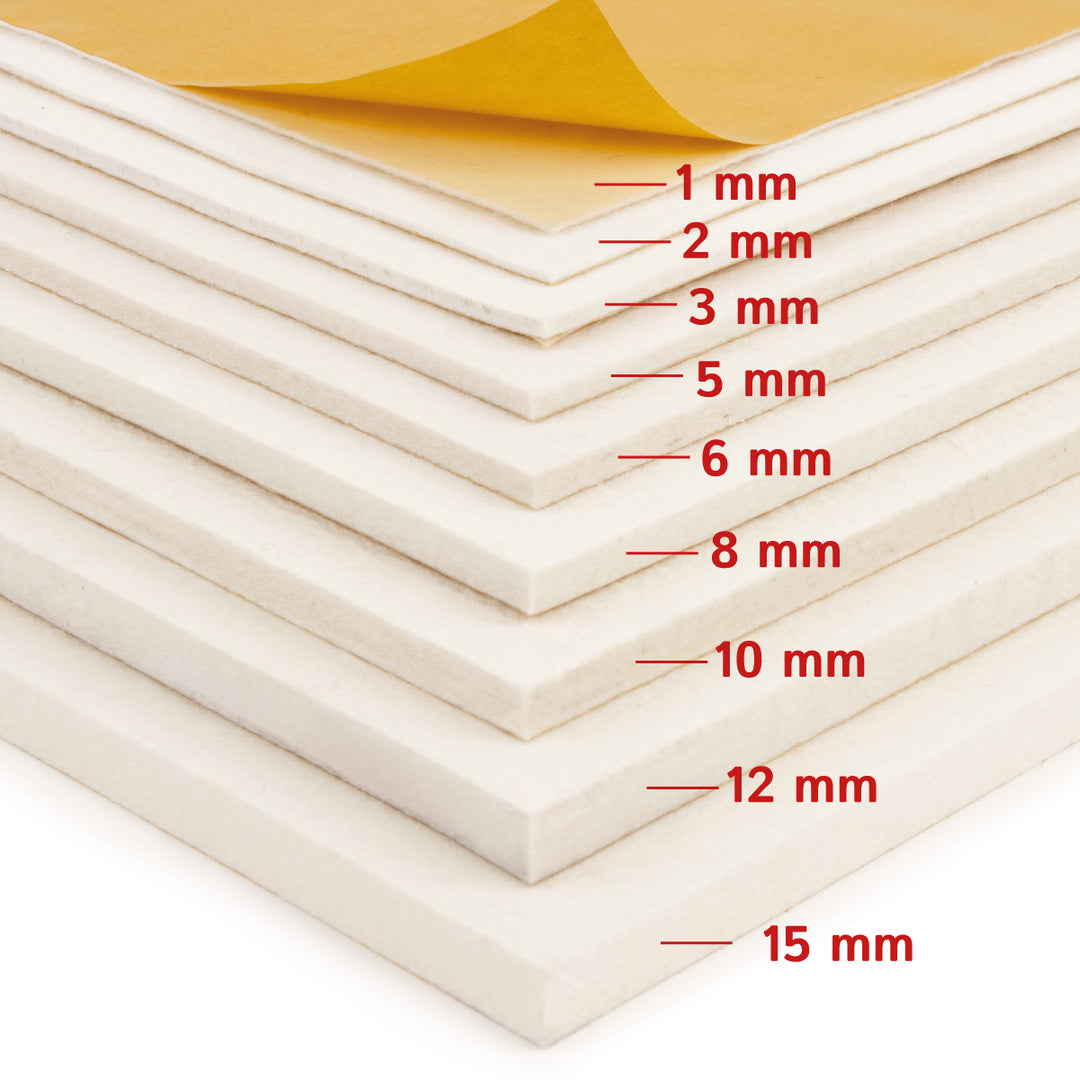 Fustella autoadesiva in feltro di lana morbida di 1 mm di spessore - Pannello in feltro da 350 g/m² (densità 0,20 g/cm³)