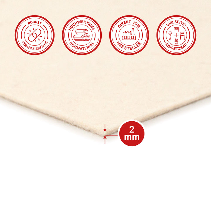 Wollfilz Zuschnitt selbstklebend 2 mm dick, (fest - 0,36 g/cm³)