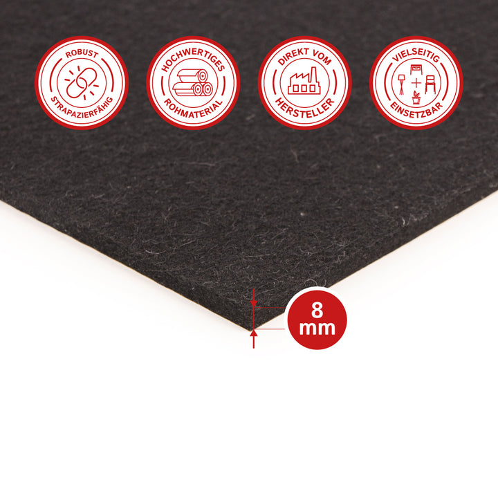 Selbstklebender fester Wollfilz-Zuschnitt 8 mm dick – Filzplatte 3030 g/m² (Dichte 0,36 g/cm³)