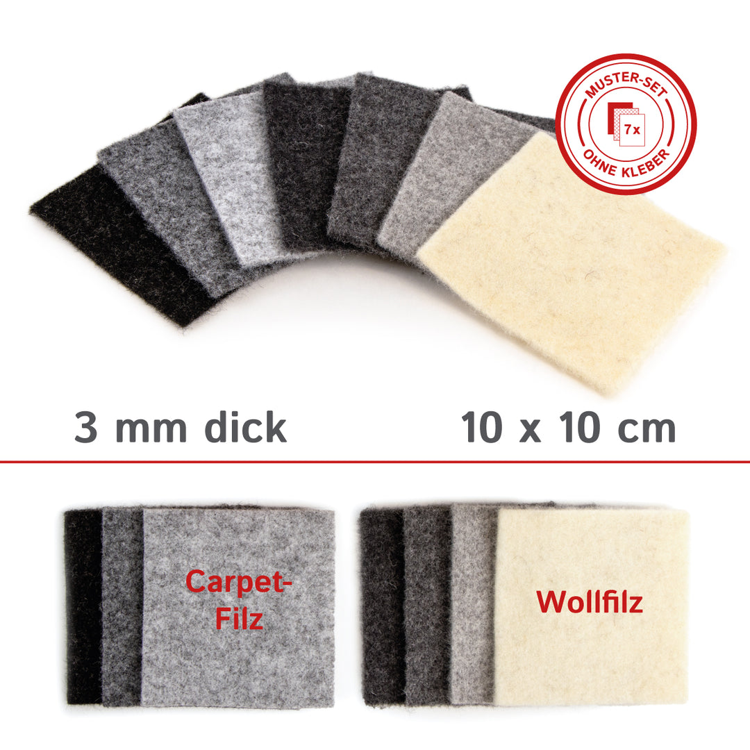 Camper Filz Musterset (7-teilig) – 3x Carpet-Nadelfilz & 4x Wollfilz aus 100 % Schafwolle (ca. 3 mm)