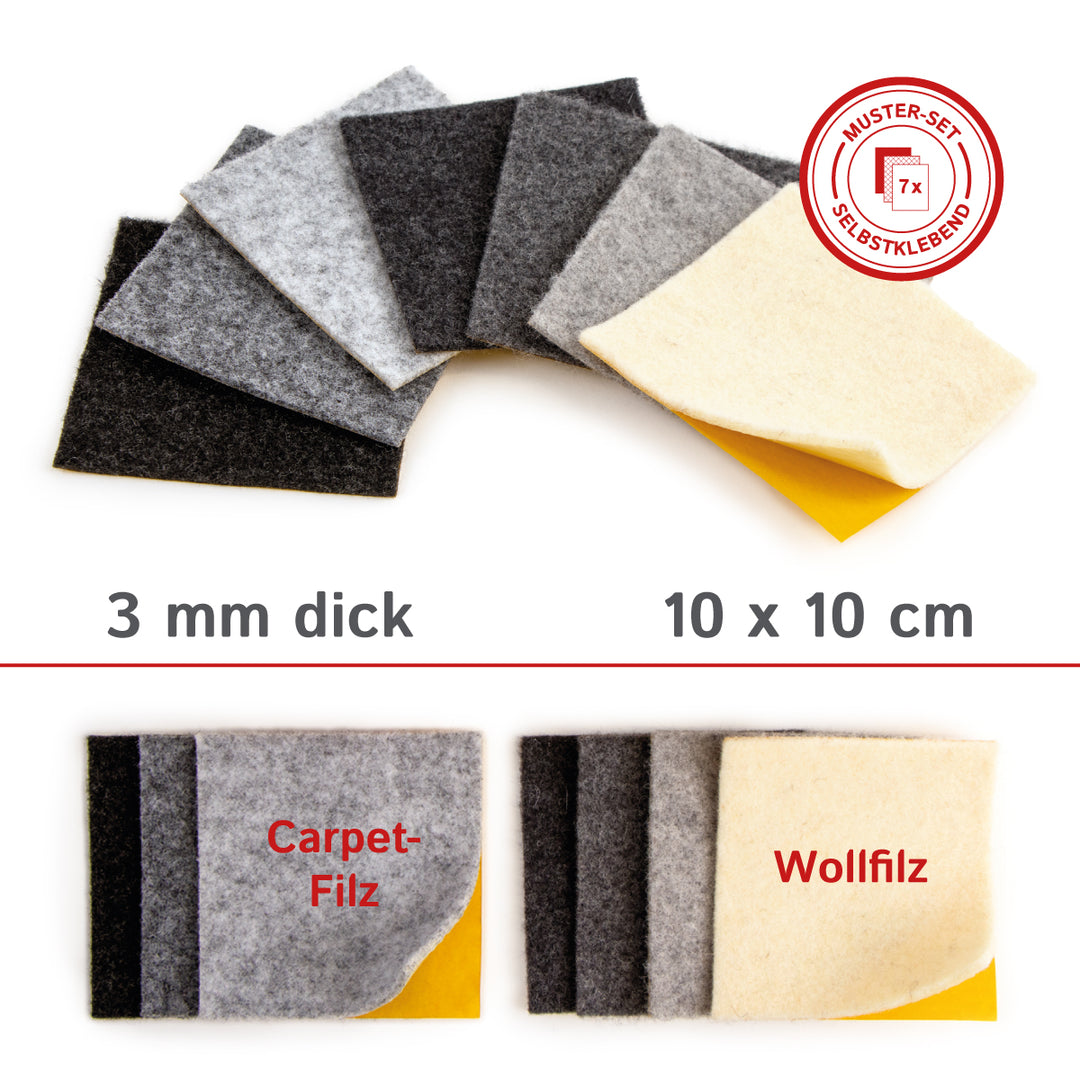 Camper Filz Musterset (7-teilig) – 3x Carpet-Nadelfilz & 4x Wollfilz aus 100 % Schafwolle (ca. 3 mm)
