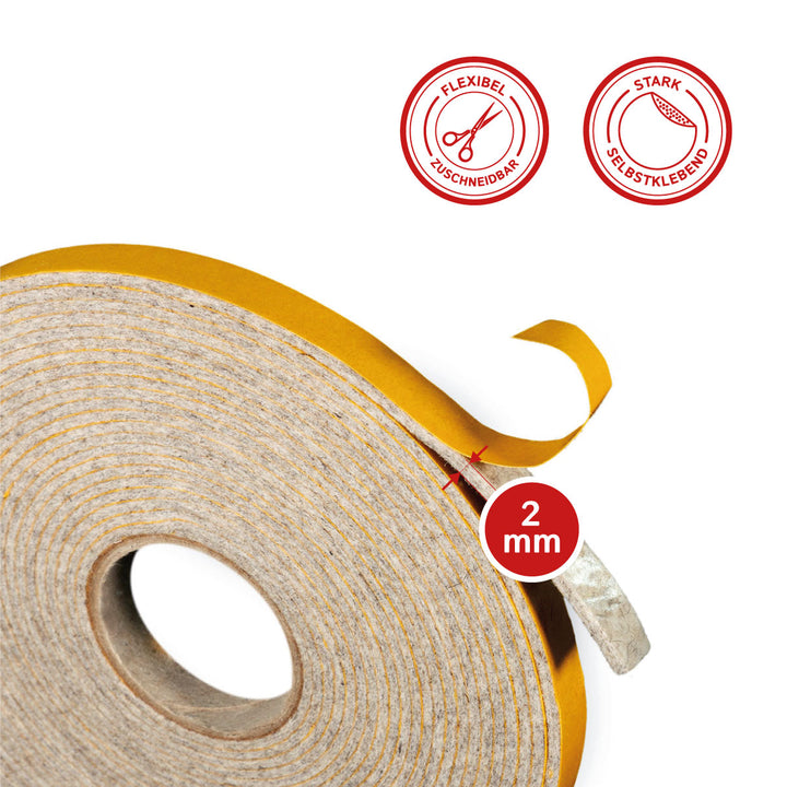 Filzband selbstklebend 2 mm dick, vielseitiger Filzstreifen - Ideal als Dichtungsband für Fenster und Türen oder als Klapperschutz