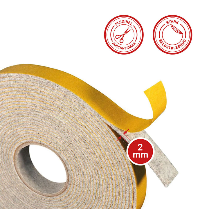 Filzband selbstklebend 2 mm dick, vielseitiger Filzstreifen - Ideal als Dichtungsband für Fenster und Türen oder als Klapperschutz