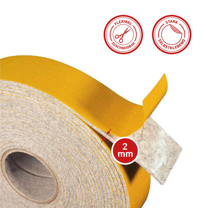 Filzband selbstklebend 2 mm dick, vielseitiger Filzstreifen - Ideal als Dichtungsband für Fenster und Türen oder als Klapperschutz