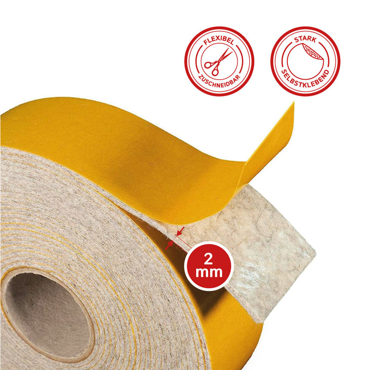 Filzband selbstklebend 2 mm dick, vielseitiger Filzstreifen - Ideal als Dichtungsband für Fenster und Türen oder als Klapperschutz