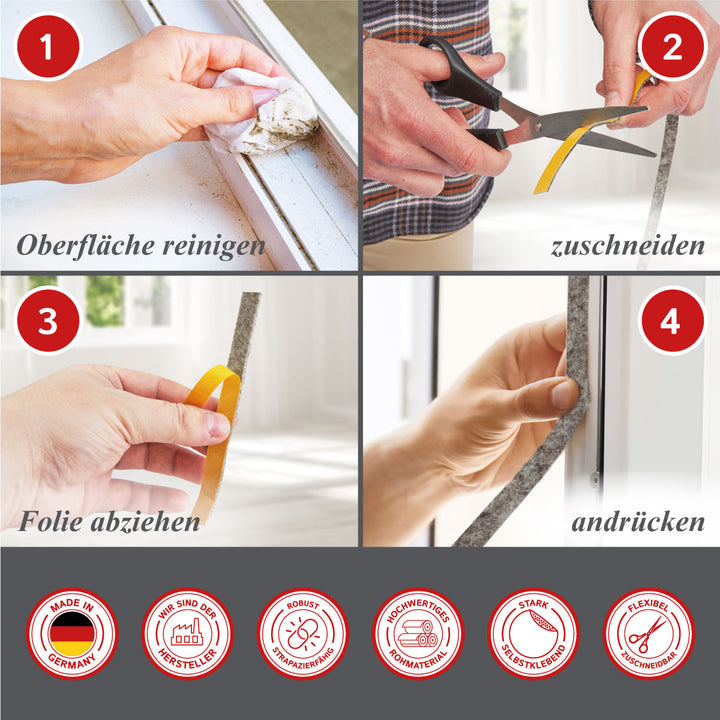 Filzband selbstklebend 2 mm dick, vielseitiger Filzstreifen - Ideal als Dichtungsband für Fenster und Türen oder als Klapperschutz