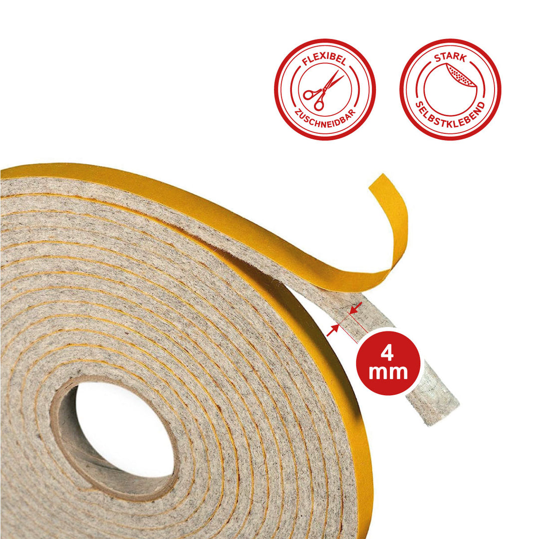 Filzband selbstklebend 4 mm – Extra stark & hoch belastbar – Made in Germany – Premium Dichtungs- & Möbelgleiterband (4 m, Grau meliert)