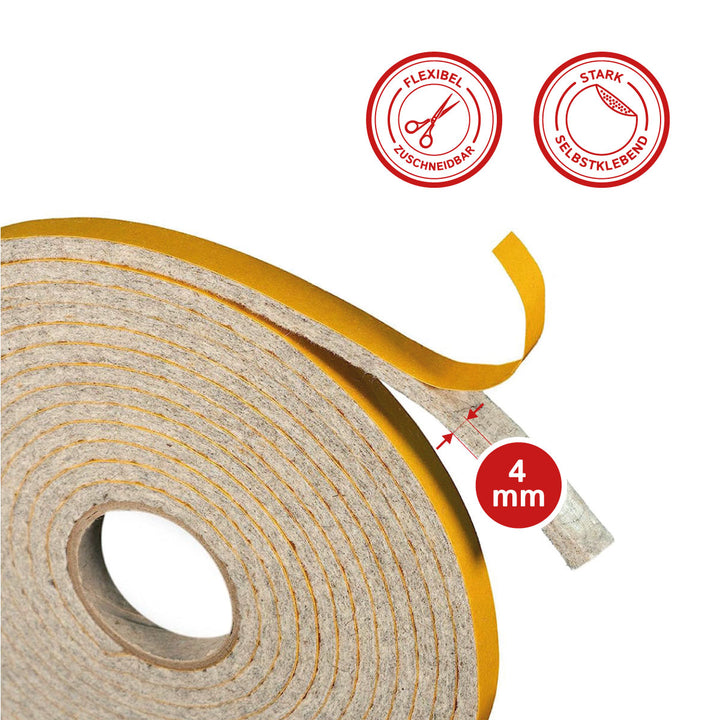 Filzband selbstklebend 4 mm – Extra stark & hoch belastbar – Made in Germany – Premium Dichtungs- & Möbelgleiterband (4 m, Grau meliert)