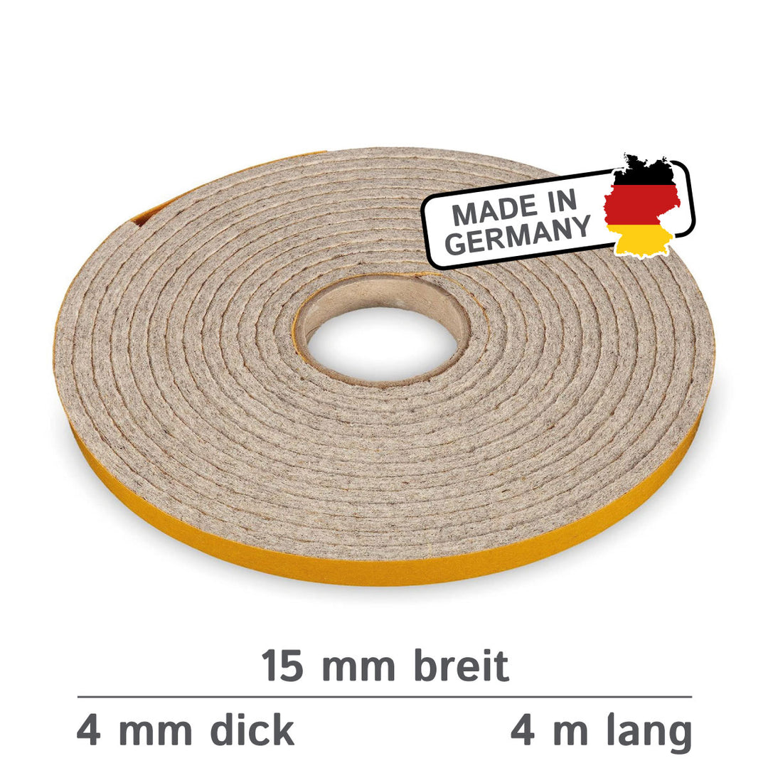 Filzband selbstklebend 4 mm – Extra stark & hoch belastbar – Made in Germany – Premium Dichtungs- & Möbelgleiterband (4 m, Grau meliert)