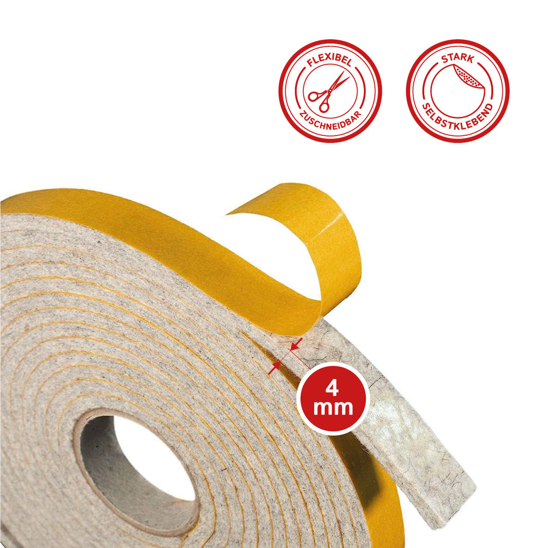 Filzband selbstklebend 4 mm – Extra stark & hoch belastbar – Made in Germany – Premium Dichtungs- & Möbelgleiterband (4 m, Grau meliert)
