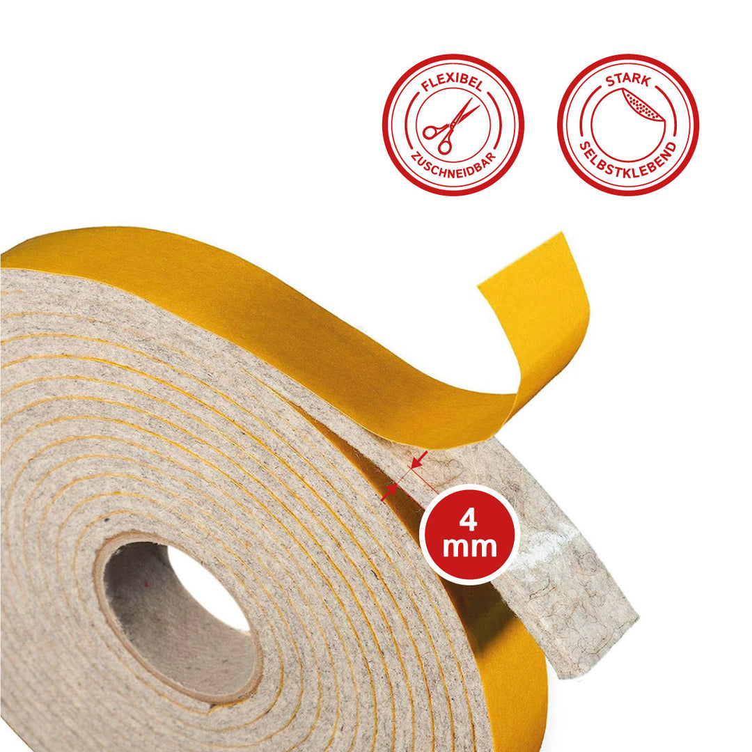 Filzband selbstklebend 4 mm – Extra stark & hoch belastbar – Made in Germany – Premium Dichtungs- & Möbelgleiterband (4 m, Grau meliert)