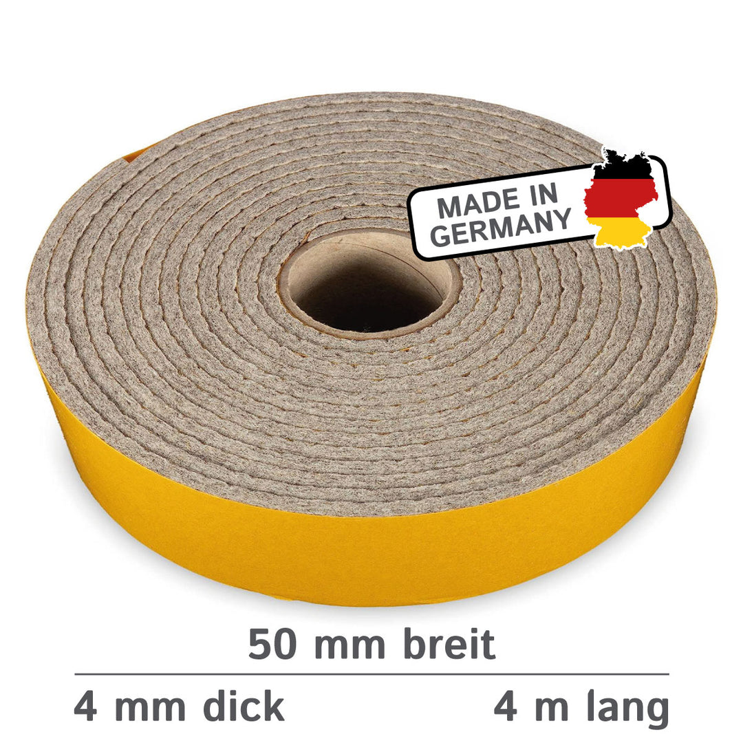 Filzband selbstklebend 4 mm – Extra stark & hoch belastbar – Made in Germany – Premium Dichtungs- & Möbelgleiterband (4 m, Grau meliert)