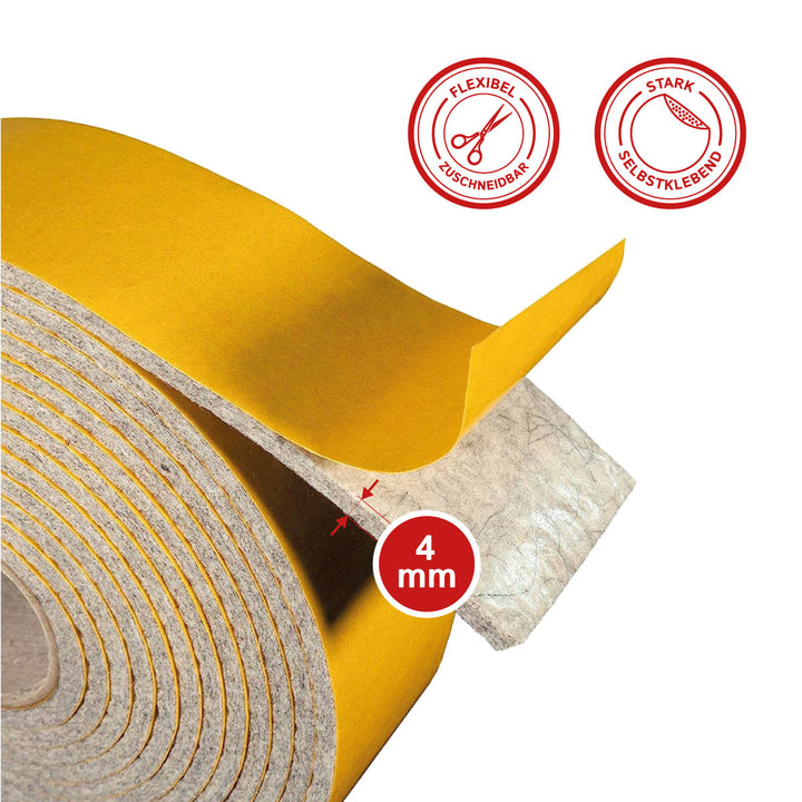 Filzband selbstklebend 4 mm – Extra stark & hoch belastbar – Made in Germany – Premium Dichtungs- & Möbelgleiterband (4 m, Grau meliert)