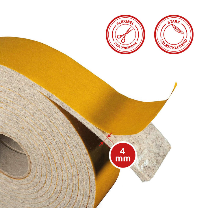 Filzband selbstklebend 4 mm – Extra stark & hoch belastbar – Made in Germany – Premium Dichtungs- & Möbelgleiterband (4 m, Grau meliert)