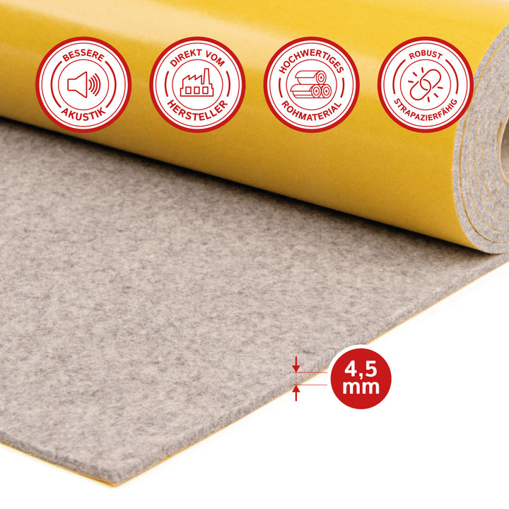 Akustikfilz selbstklebend aus 100 % Schafwolle, ca. 4,5 mm dick – Filz-Meterware für Wand, Decke & Innenausbau