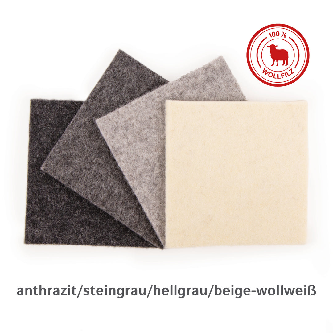 Zestaw próbek filcu akustycznego - 4 próbki, filc wełniany wykonany w 100% z wełny owczej, samoprzylepny lub bez kleju, grubość ok. 4,5 mm