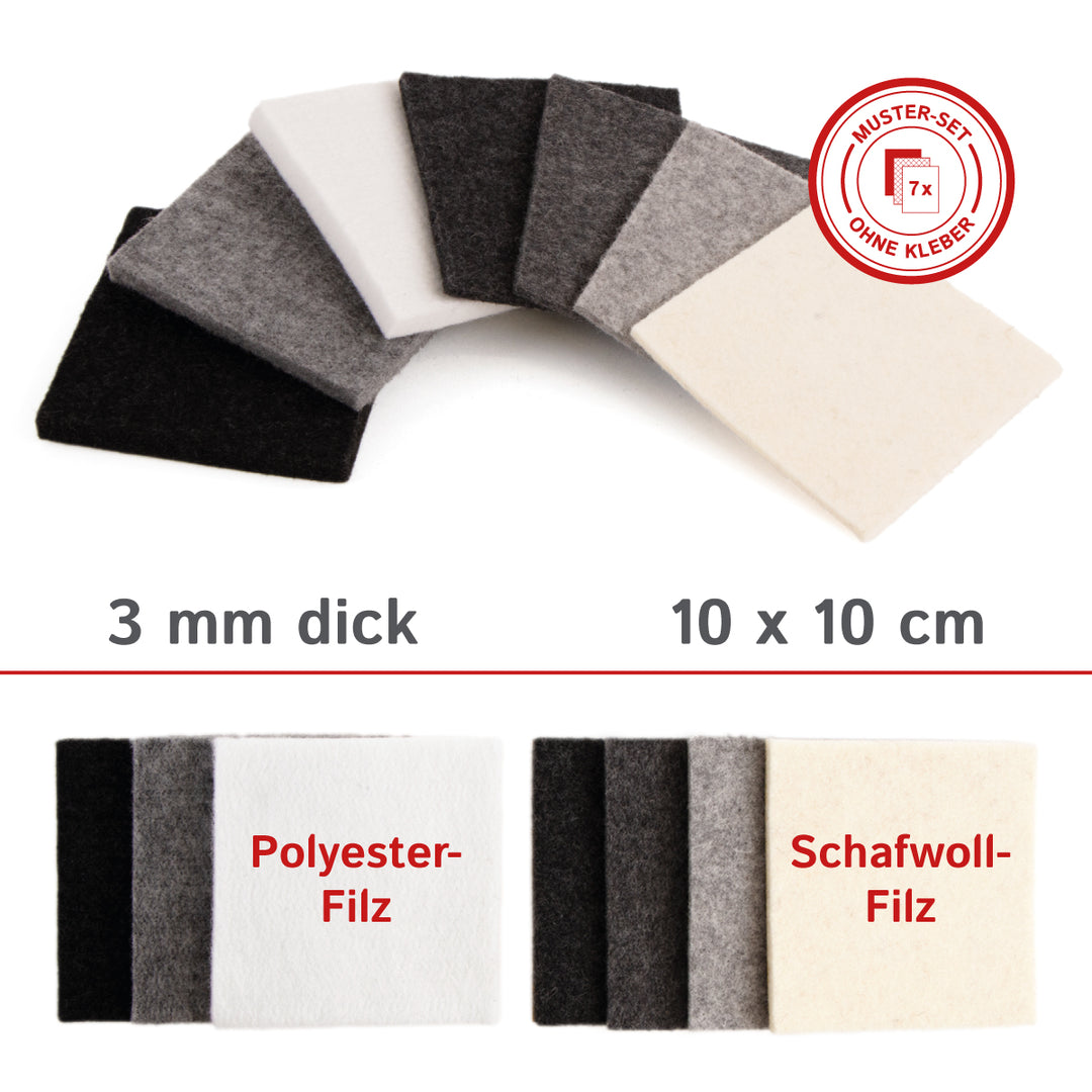 Zestaw próbek filcu akustycznego - 4 próbki, filc wełniany wykonany w 100% z wełny owczej, samoprzylepny lub bez kleju, grubość ok. 4,5 mm
